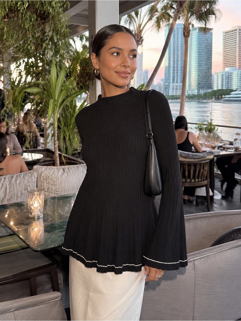 COS Pleated Knitted Tunic Top L Black White Sweater Bell Sleeve Mini Dress Y2K